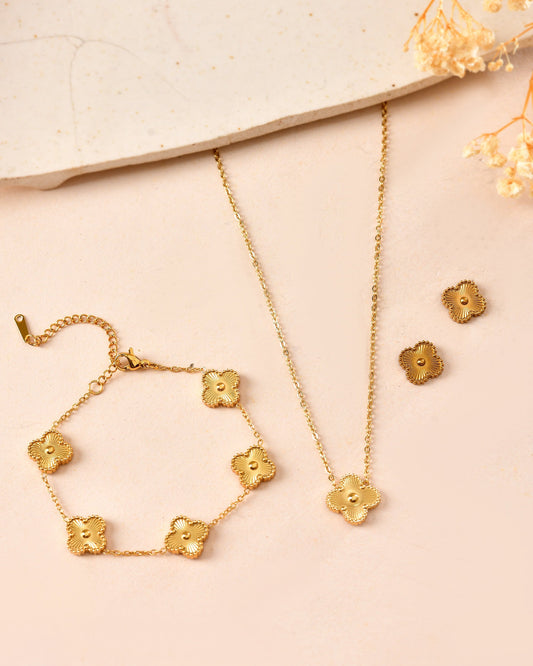 VOJ Gold Plated Floral Design Chain With Earrings And Bracelet Set