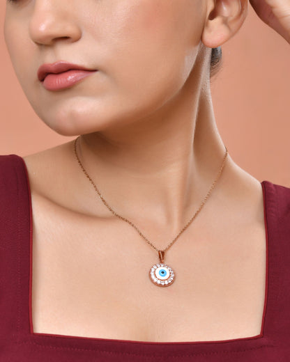 VOJ Rose Gold Plated Ad Stone Studded Evil Eye Pendant With Chain