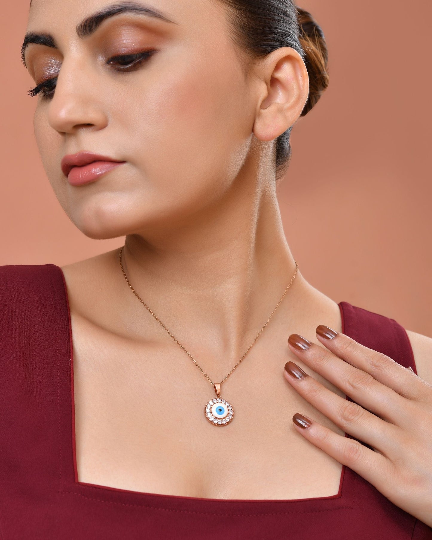 VOJ Rose Gold Plated Ad Stone Studded Evil Eye Pendant With Chain