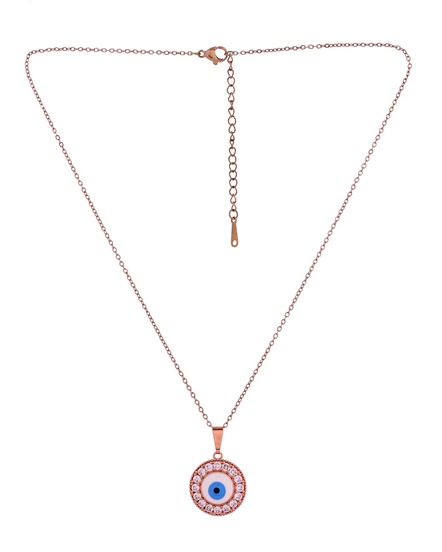 VOJ Rose Gold Plated Ad Stone Studded Evil Eye Pendant With Chain