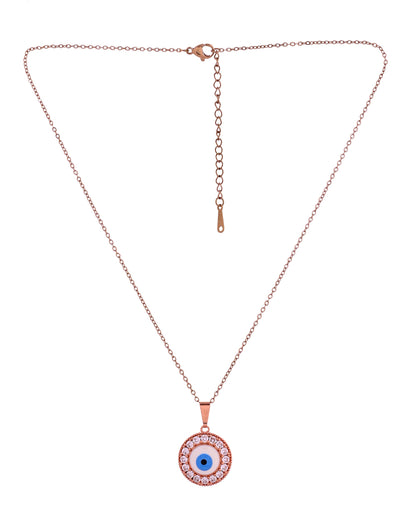 VOJ Rose Gold Plated Ad Stone Studded Evil Eye Pendant With Chain