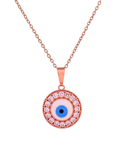 VOJ Rose Gold Plated Ad Stone Studded Evil Eye Pendant With Chain
