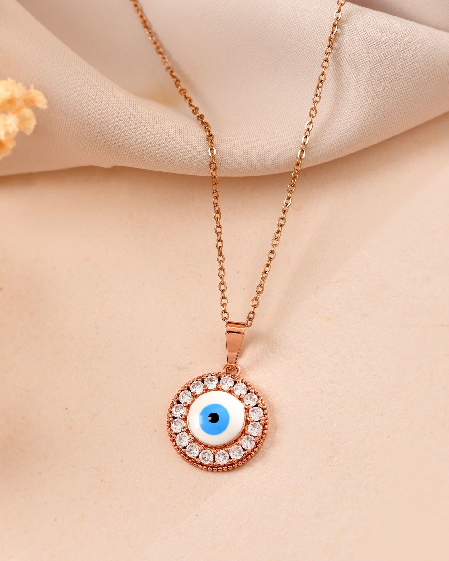 VOJ Rose Gold Plated Ad Stone Studded Evil Eye Pendant With Chain