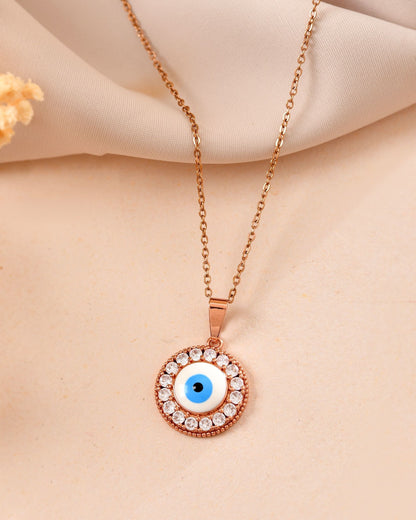 VOJ Rose Gold Plated Ad Stone Studded Evil Eye Pendant With Chain