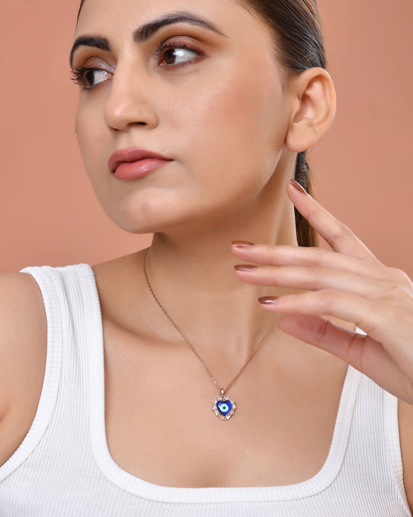 VOJ Rose Gold Plated Heart Shaped Evil Eye Pendant With Chain