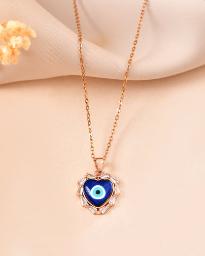 VOJ Rose Gold Plated Heart Shaped Evil Eye Pendant With Chain