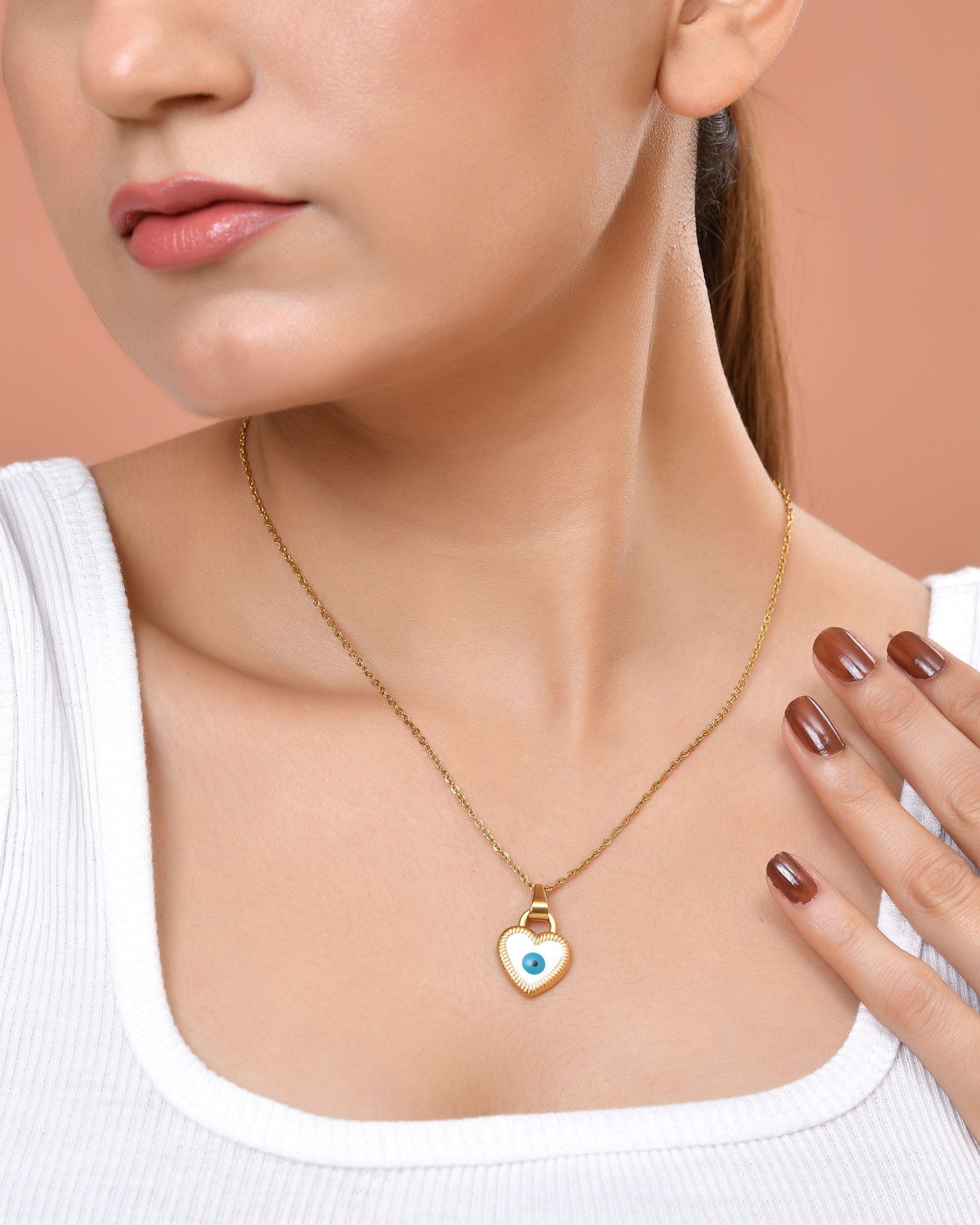 VOJ Gold Plated Heart Shaped Evil Eye Pendant With Chain