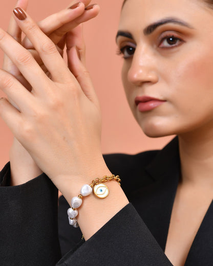 VOJ Gold Plated Pearl And Evil Eye Bracelet For Women