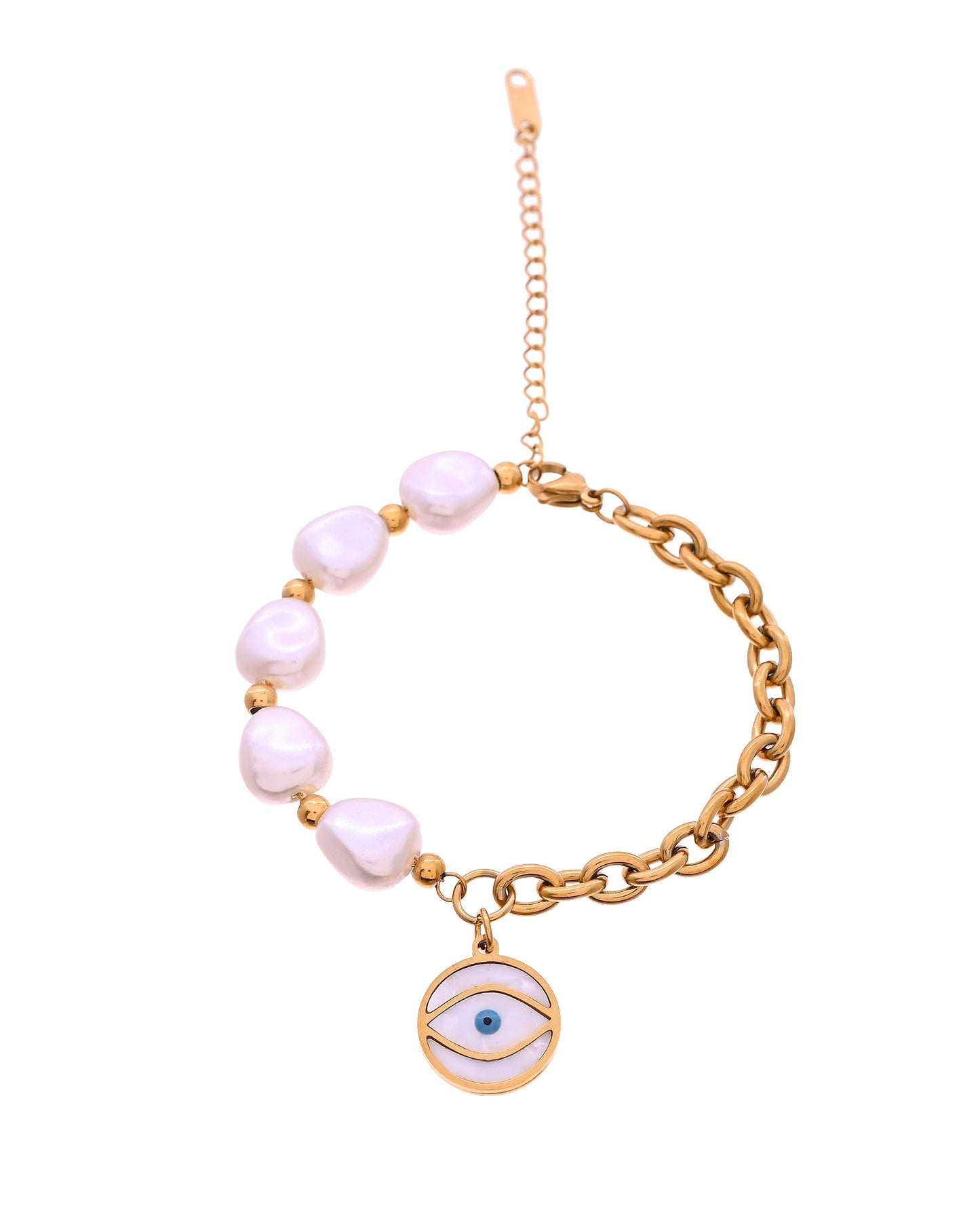 VOJ Gold Plated Pearl And Evil Eye Bracelet For Women