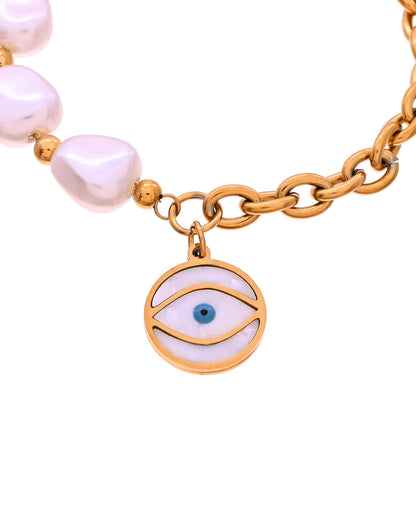 VOJ Gold Plated Pearl And Evil Eye Bracelet For Women
