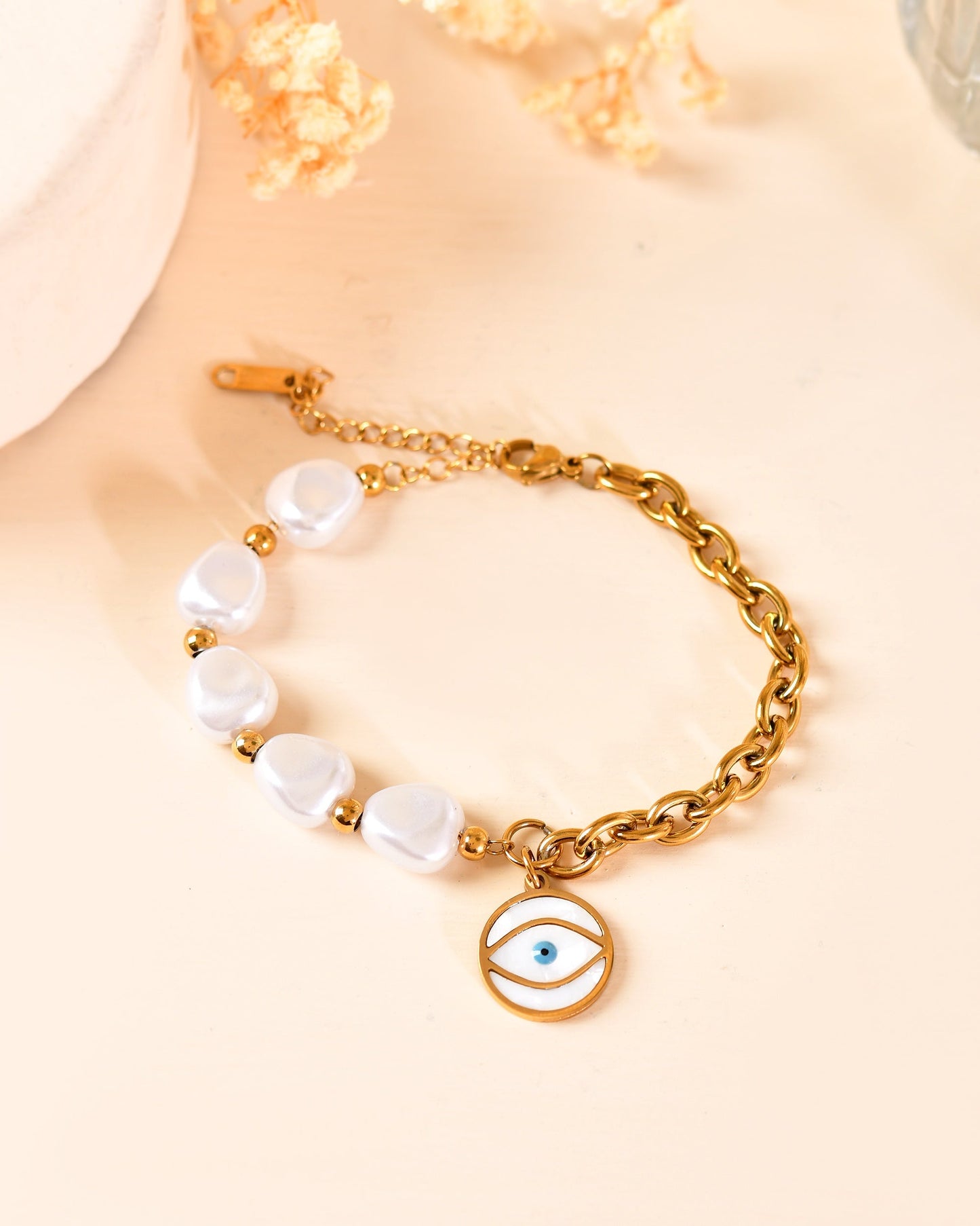 VOJ Gold Plated Pearl And Evil Eye Bracelet For Women