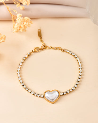 VOJ Gold Plated Ad Stone Studded With Heart Shaped Pearl Bracelet For Women