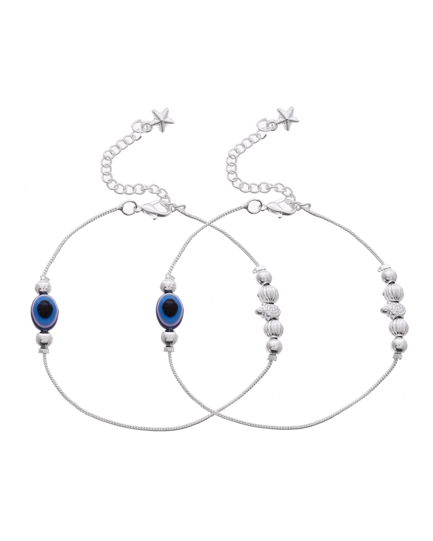VOJ Set Of 2 Silver Plated Evil Eye Beads Anklet