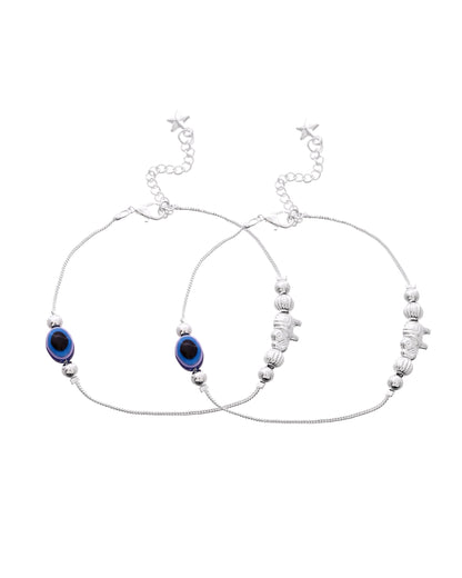 VOJ Set Of 2 Silver Plated Evil Eye Beads Anklet
