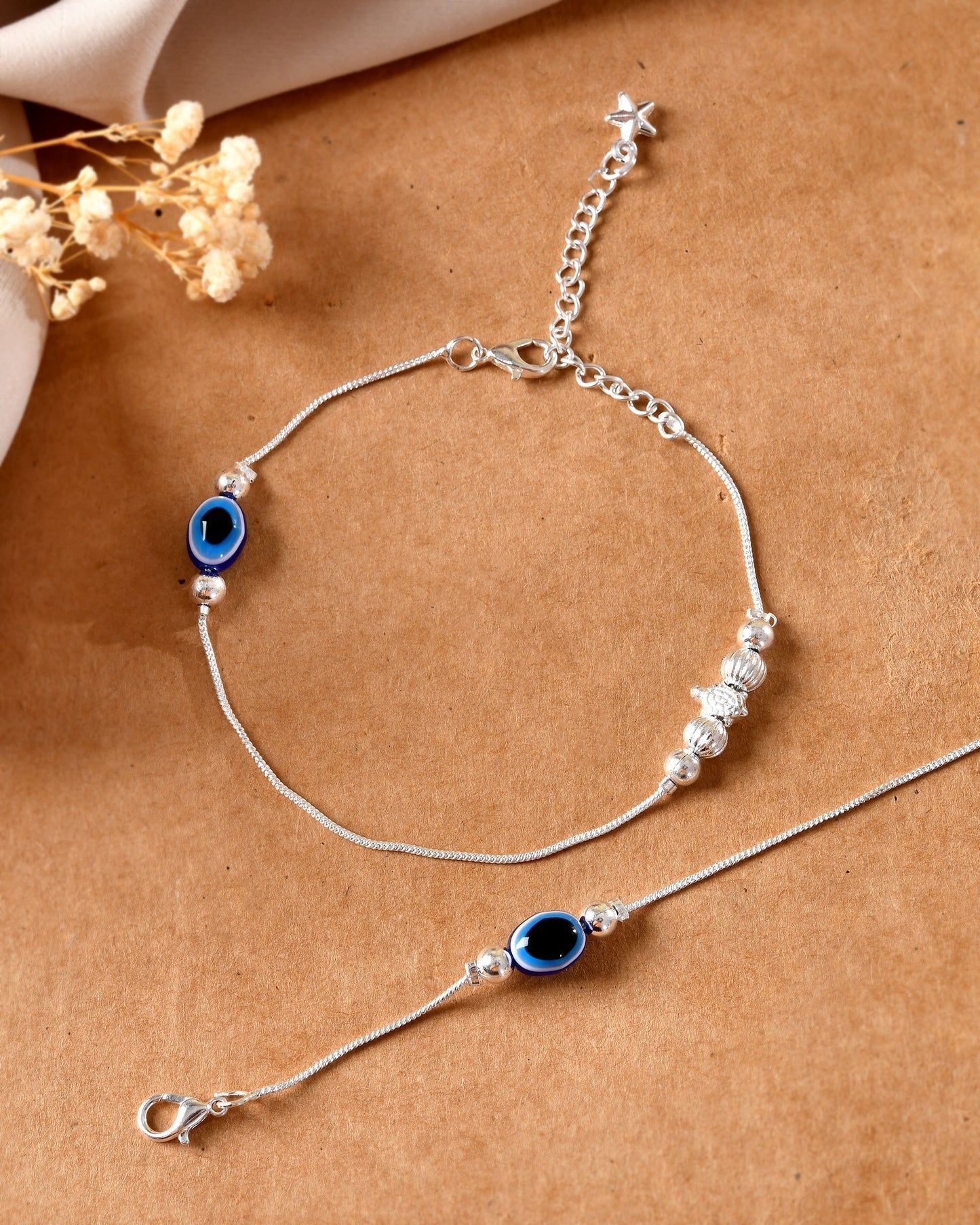 VOJ Set Of 2 Silver Plated Evil Eye Beads Anklet