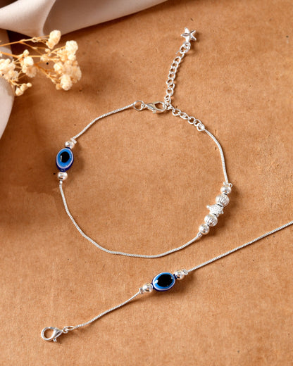 VOJ Set Of 2 Silver Plated Evil Eye Beads Anklet