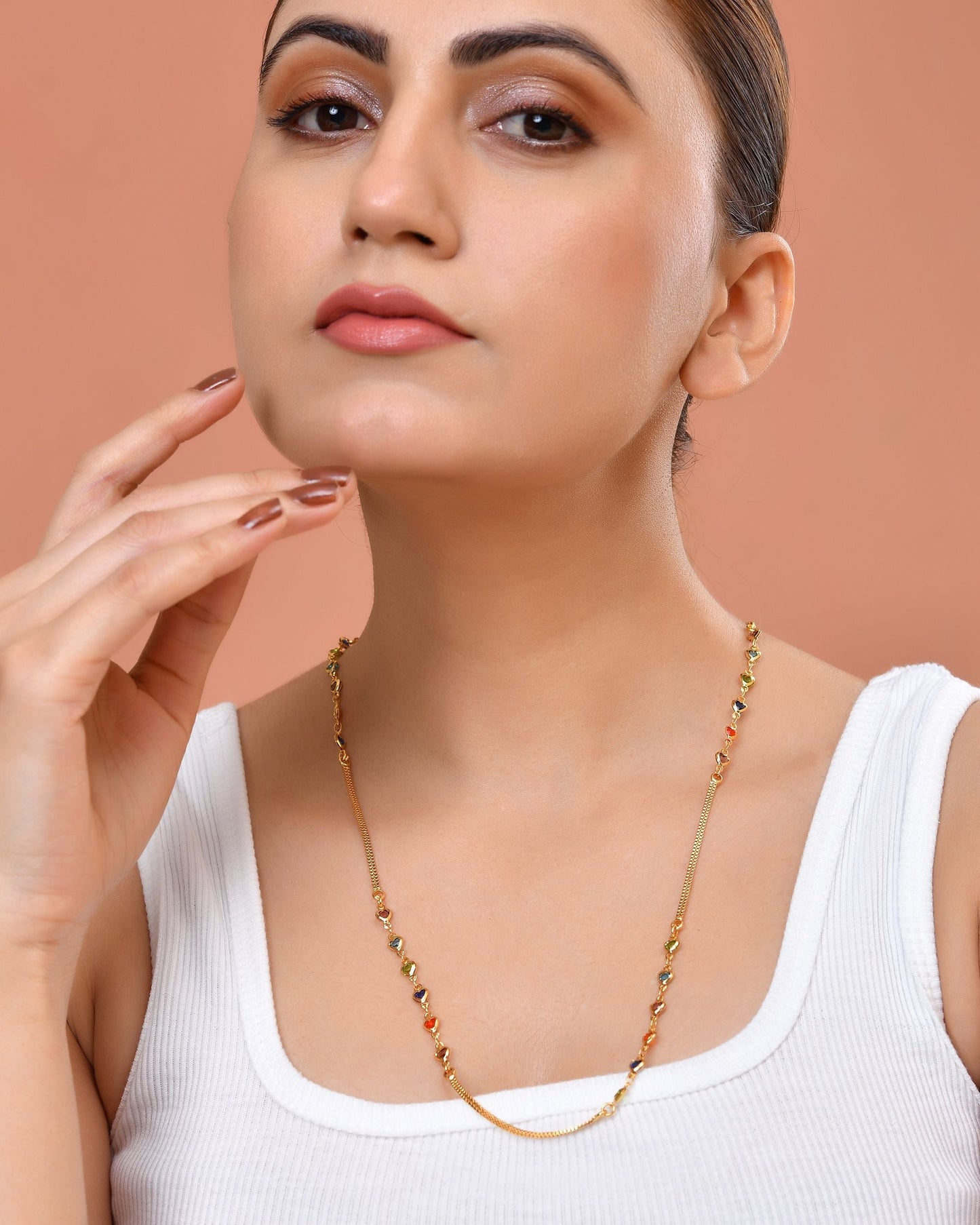 VOJ Gold Plated Multi Color Heart Chain For Women