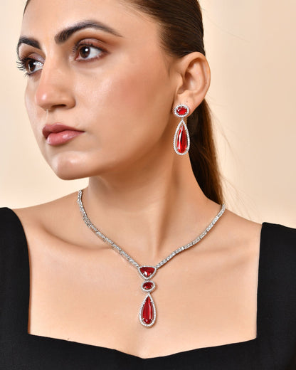 VOJ Silver-Plated Ad & Ruby Red Cubic Zirconia Studded Jewellery Set