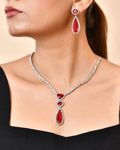 VOJ Silver-Plated Ad & Ruby Red Cubic Zirconia Studded Jewellery Set
