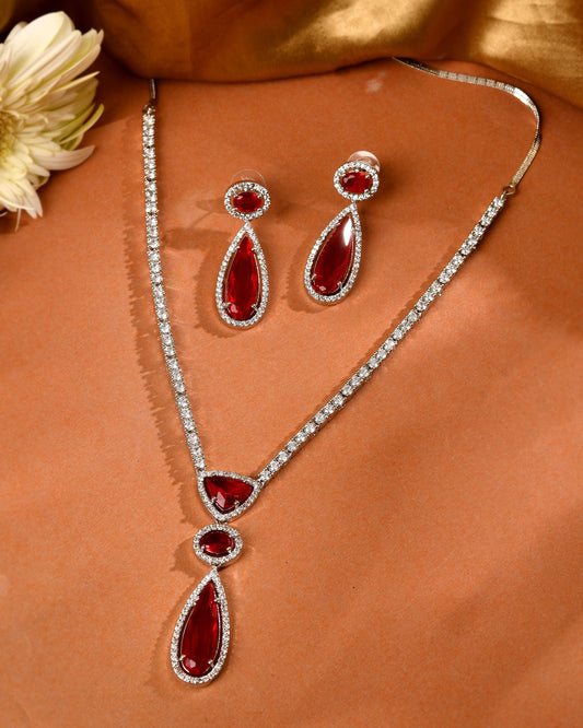 VOJ Silver-Plated Ad & Ruby Red Cubic Zirconia Studded Jewellery Set