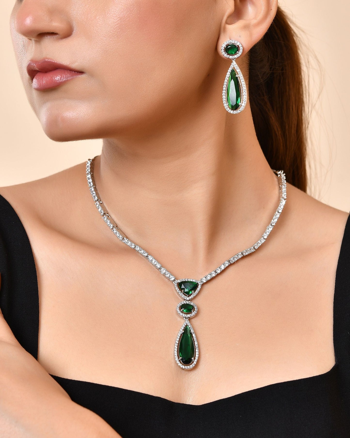 VOJ Silver-Plated Ad & Green Cubic Zirconia Studded Jewellery Set