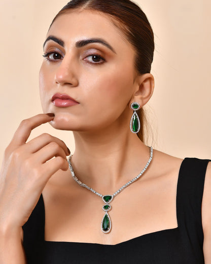 VOJ Silver-Plated Ad & Green Cubic Zirconia Studded Jewellery Set