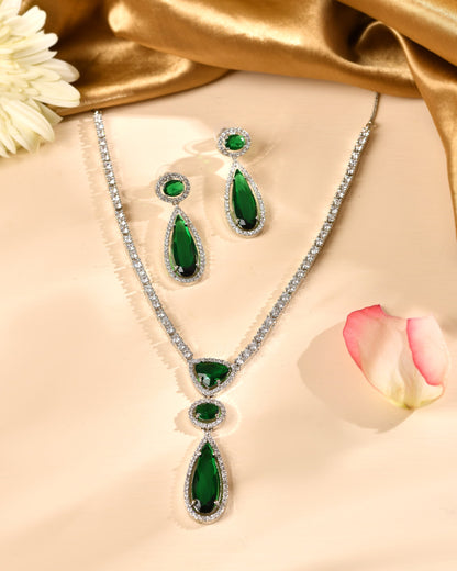 VOJ Silver-Plated Ad & Green Cubic Zirconia Studded Jewellery Set