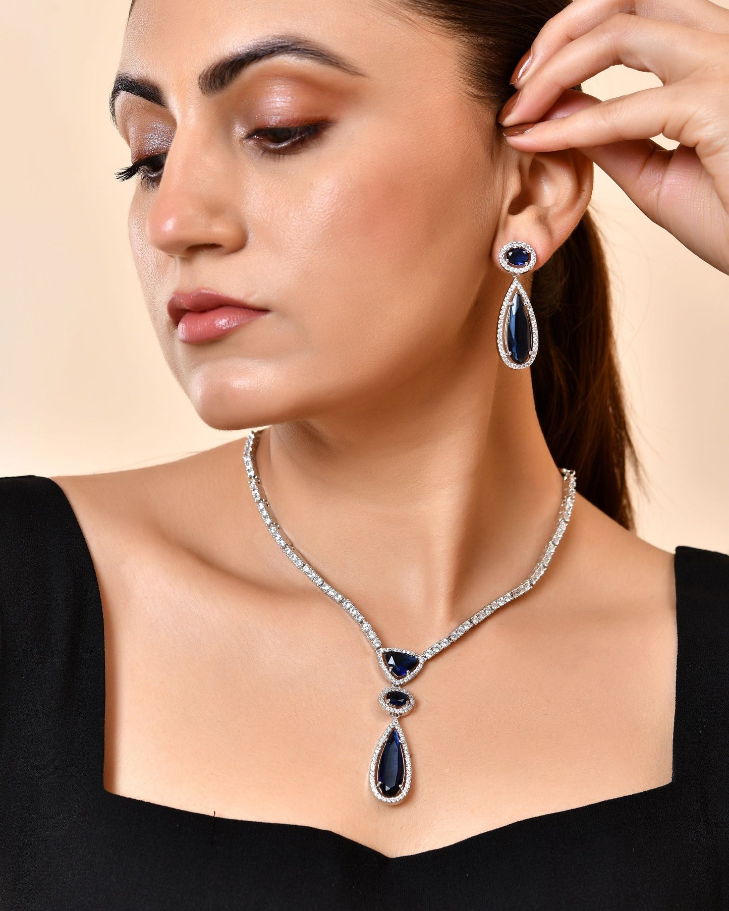 VOJ Silver-Plated Ad & Blue Cubic Zirconia Studded Jewellery Set