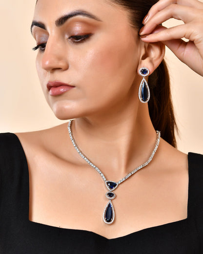 VOJ Silver-Plated Ad & Blue Cubic Zirconia Studded Jewellery Set