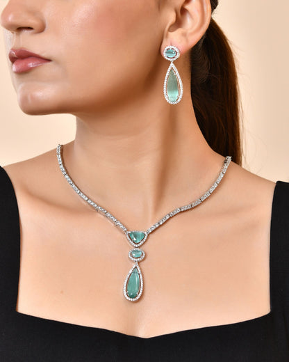 VOJ Silver-Plated Ad & Teal Green Cubic Zirconia Studded Jewellery Set