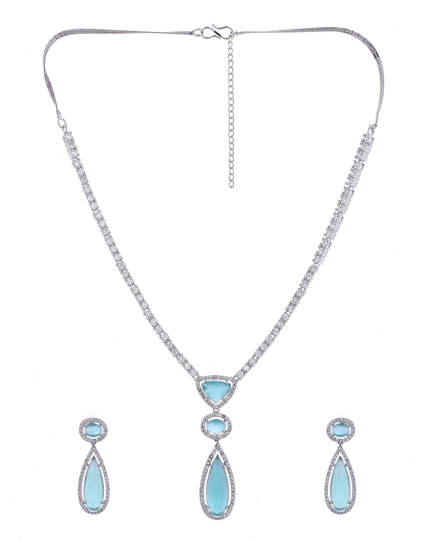 VOJ Silver-Plated Ad & Teal Green Cubic Zirconia Studded Jewellery Set