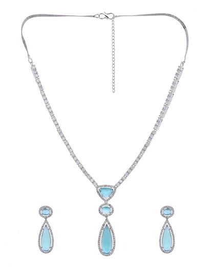 VOJ Silver-Plated Ad & Teal Green Cubic Zirconia Studded Jewellery Set