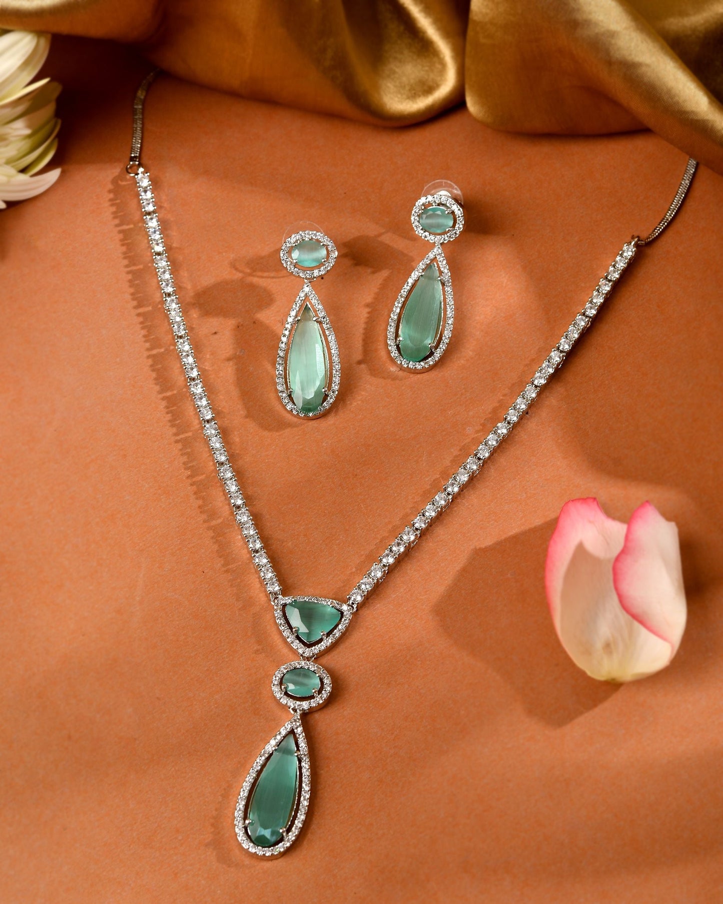 VOJ Silver-Plated Ad & Teal Green Cubic Zirconia Studded Jewellery Set