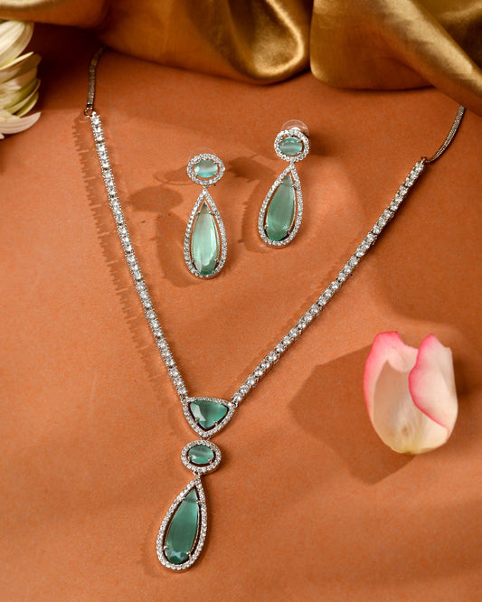 VOJ Silver-Plated Ad & Teal Green Cubic Zirconia Studded Jewellery Set