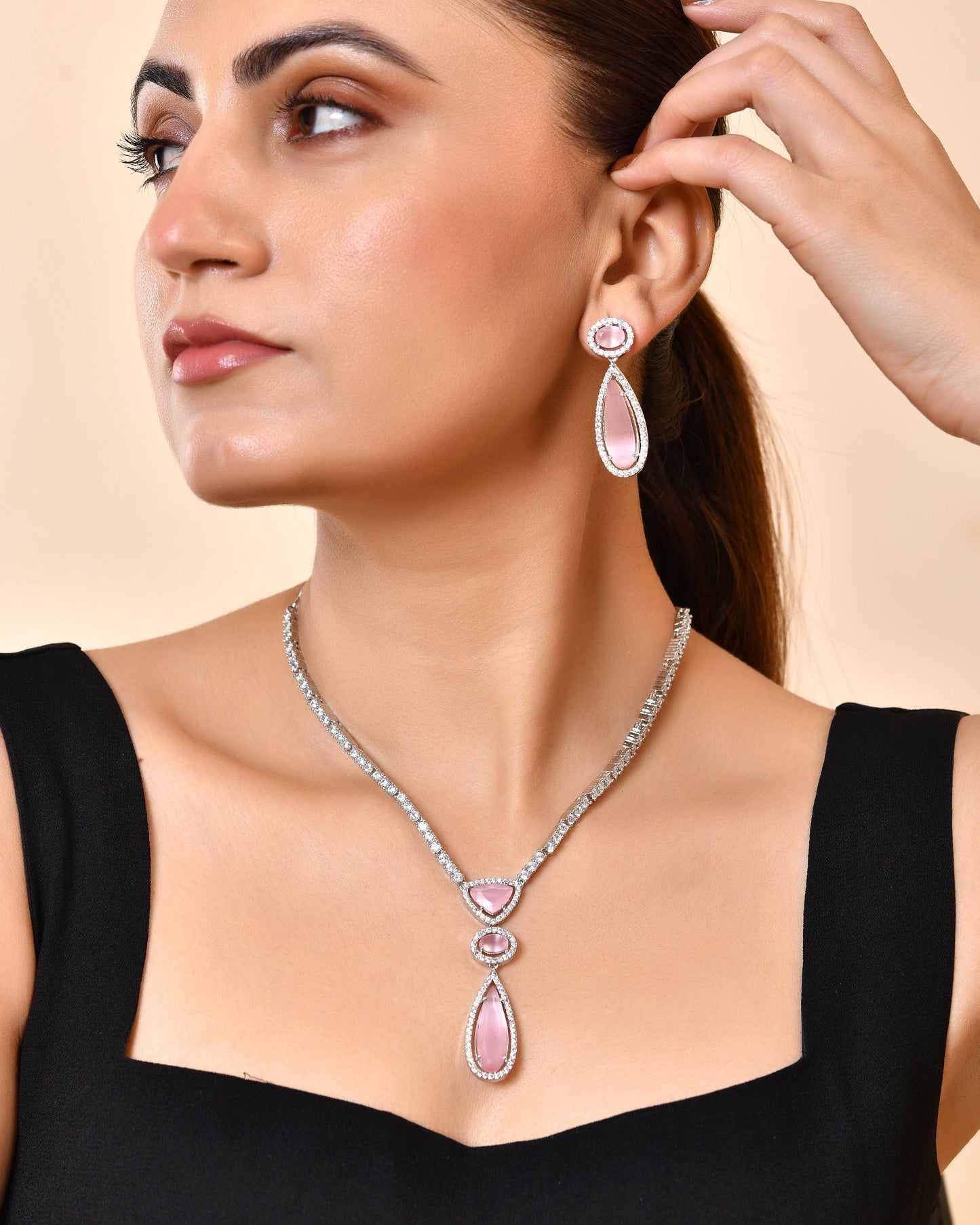 VOJ Silver-Plated Ad & Baby Pink Cubic Zirconia Studded Jewellery Set