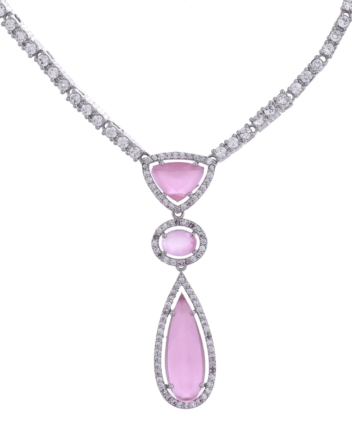 VOJ Silver-Plated Ad & Baby Pink Cubic Zirconia Studded Jewellery Set