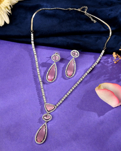 VOJ Silver-Plated Ad & Baby Pink Cubic Zirconia Studded Jewellery Set