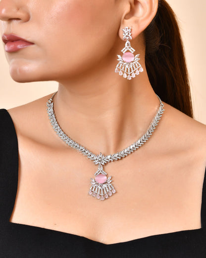 VOJ Silver Toned Cz Stone Studded Baby Pink Jewellery Set