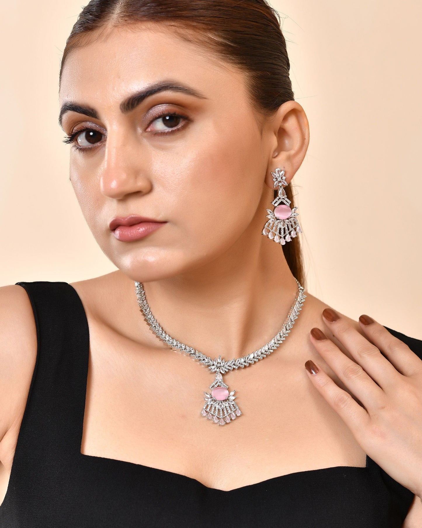 VOJ Silver Toned Cz Stone Studded Baby Pink Jewellery Set