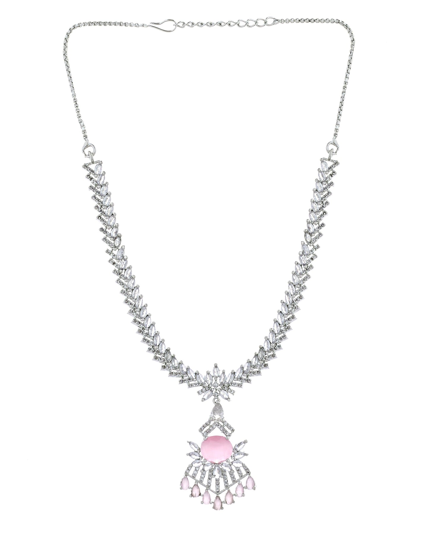 VOJ Silver Toned Cz Stone Studded Baby Pink Jewellery Set