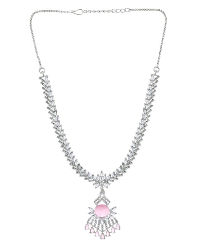 VOJ Silver Toned Cz Stone Studded Baby Pink Jewellery Set