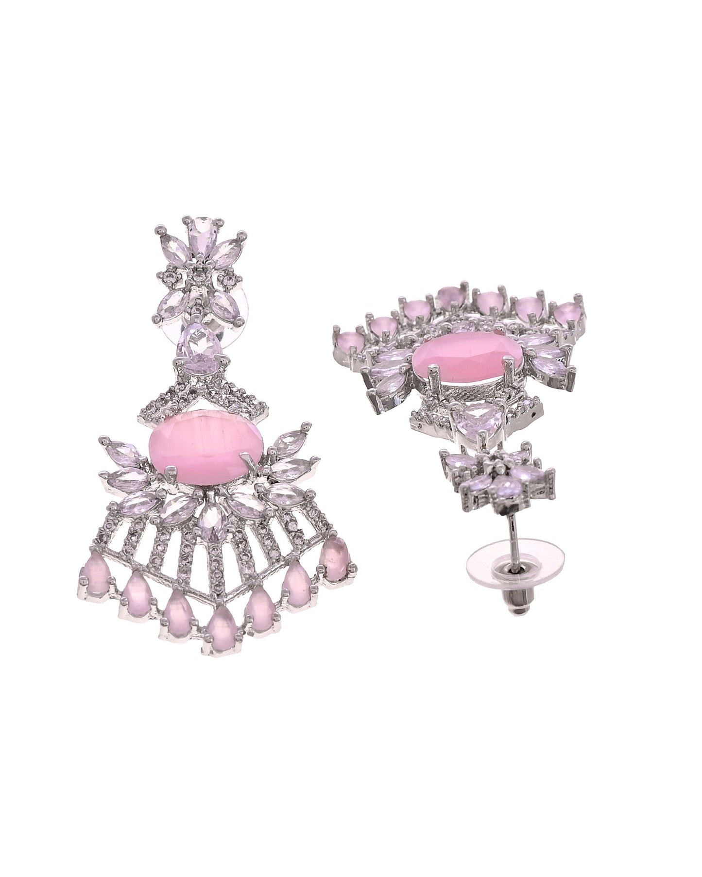 VOJ Silver Toned Cz Stone Studded Baby Pink Jewellery Set