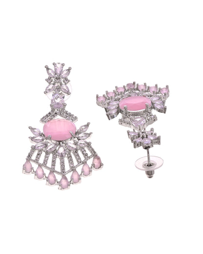 VOJ Silver Toned Cz Stone Studded Baby Pink Jewellery Set