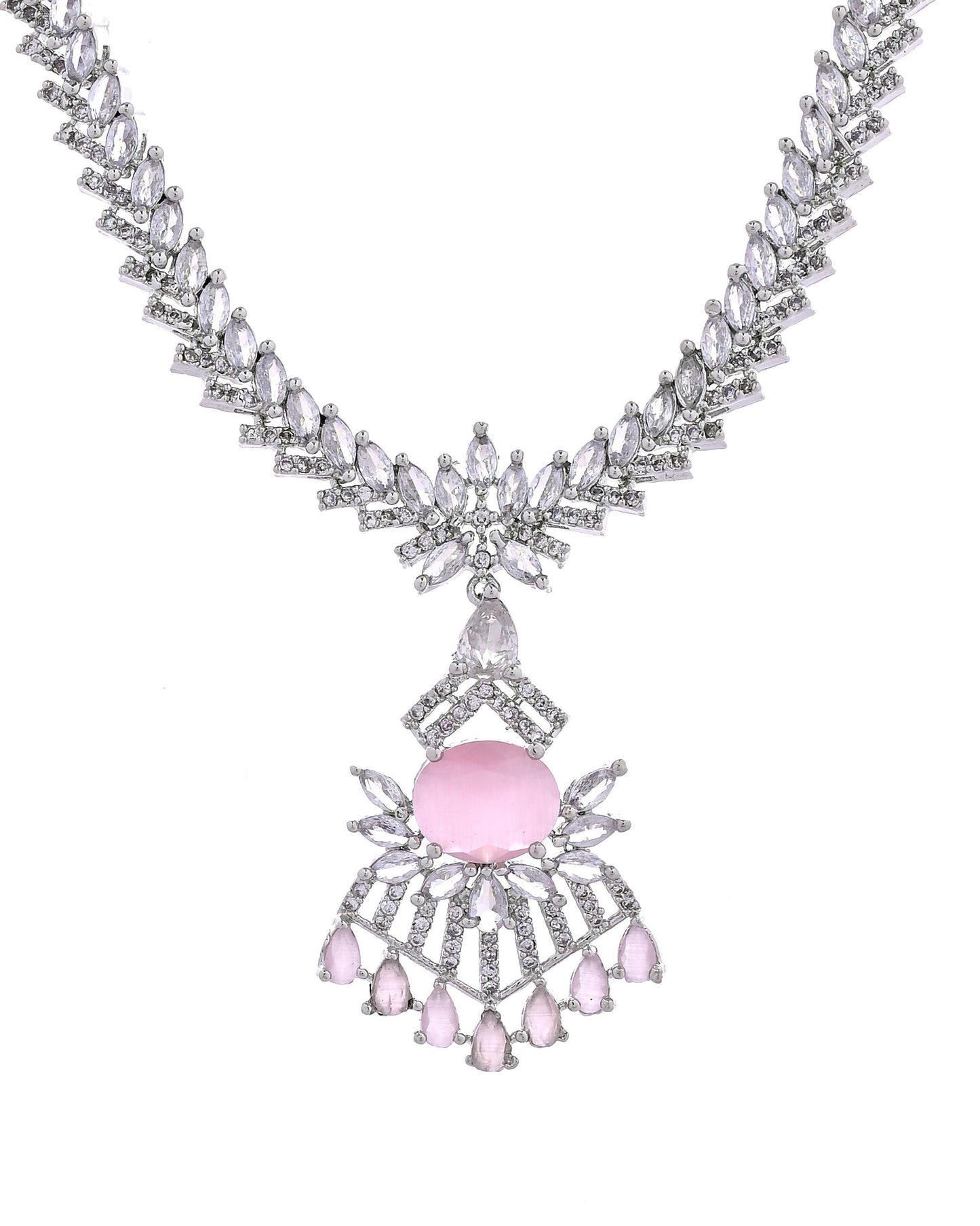 VOJ Silver Toned Cz Stone Studded Baby Pink Jewellery Set
