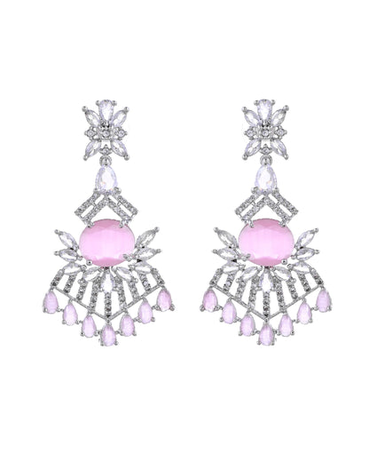 VOJ Silver Toned Cz Stone Studded Baby Pink Jewellery Set