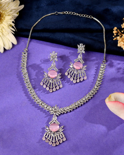 VOJ Silver Toned Cz Stone Studded Baby Pink Jewellery Set