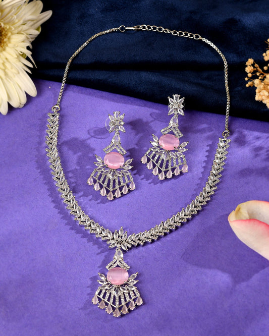 VOJ Silver Toned Cz Stone Studded Baby Pink Jewellery Set