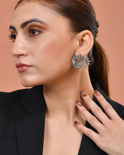 VOJ Silver Plated Bird Designed Oxidized Studs Earrings