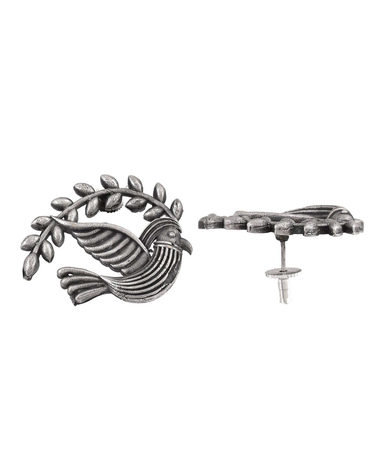 VOJ Silver Plated Bird Designed Oxidized Studs Earrings