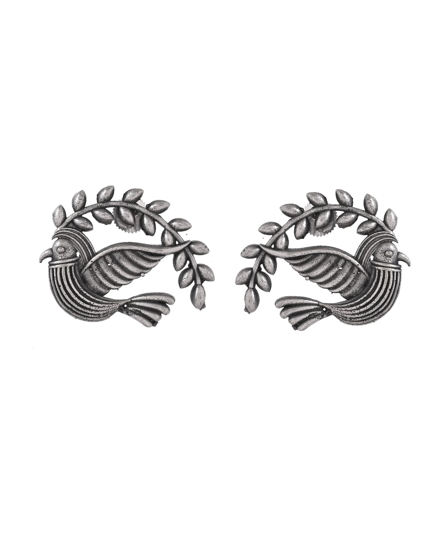 VOJ Silver Plated Bird Designed Oxidized Studs Earrings